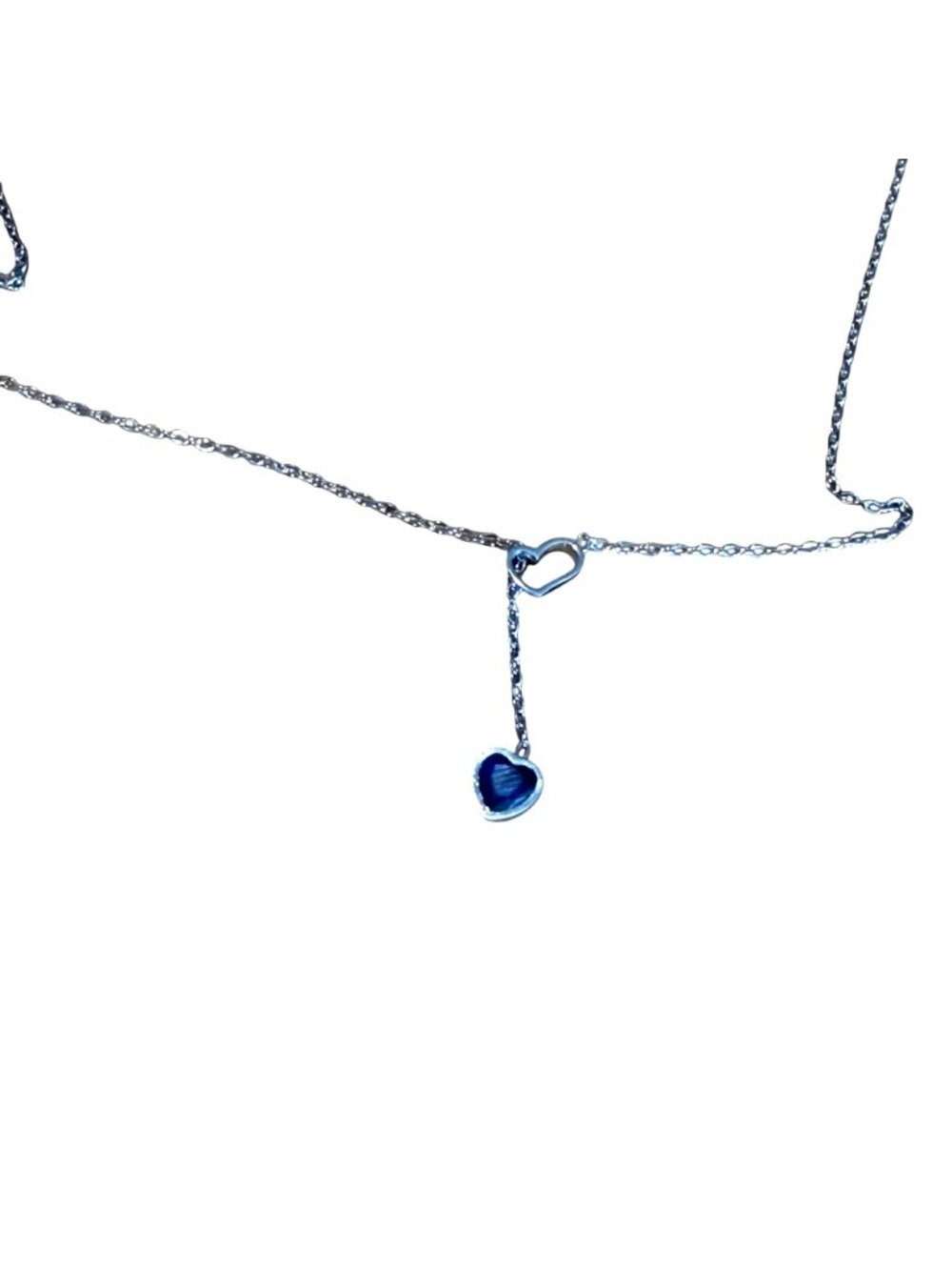 Dual Heart Pendant Necklace Blue Silver Stainless Steel Y Necklace Charm - Picture 2 of 6